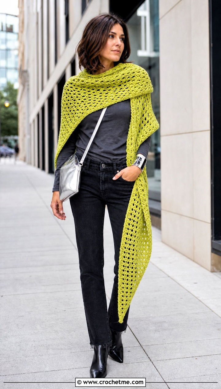 Asymmetrical Crochet Sweater Wrap With Black Jeans - 30 crochet sweater wrap outfit ideas