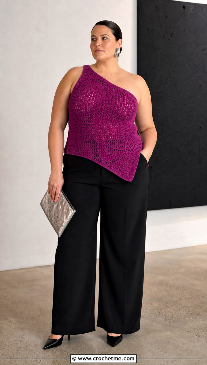 Asymmetrical Crochet Tank Top With Black Trousers - 25 plus size crochet tank top outfit ideas