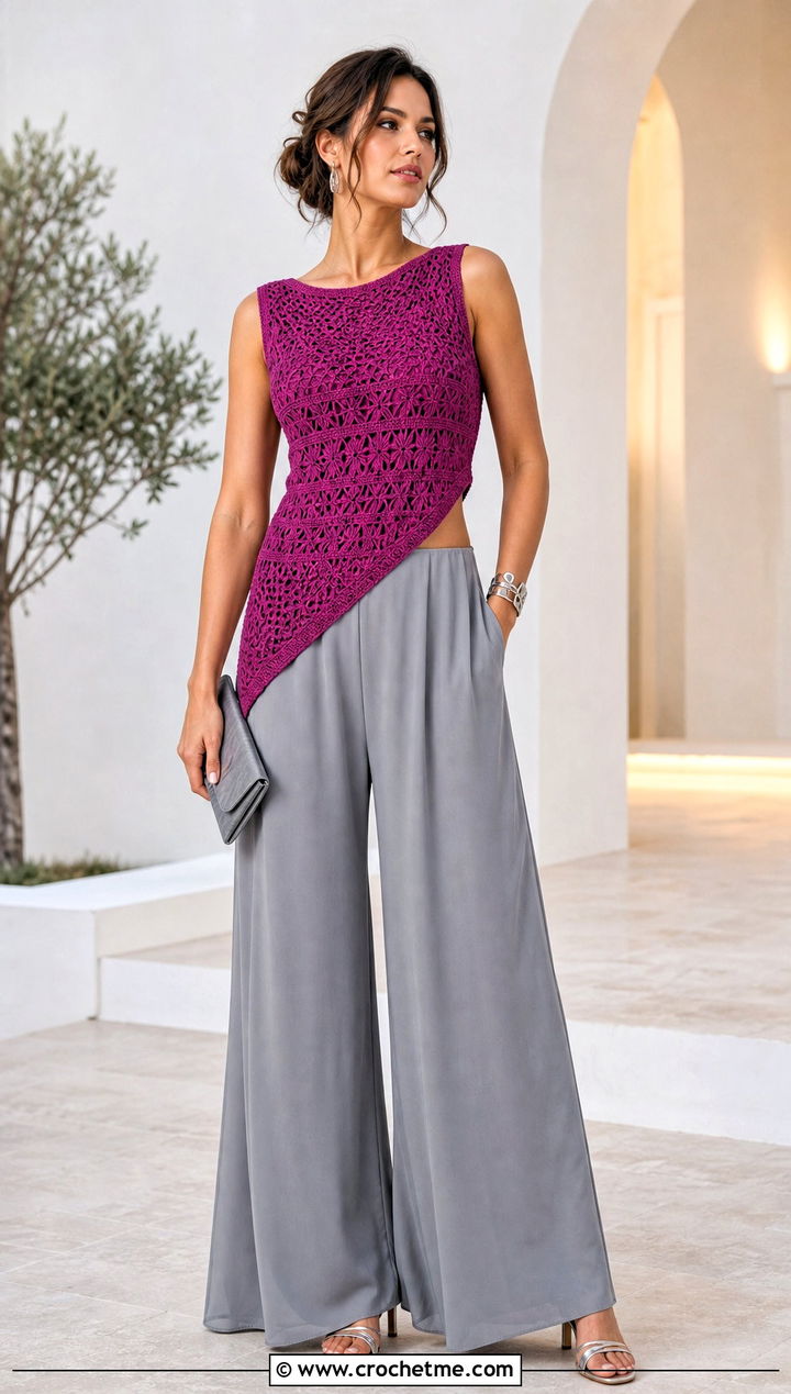 Asymmetrical Crochet Tank Top With Palazzo Pants - 25 Quick Crochet Tank Top outfit ideas