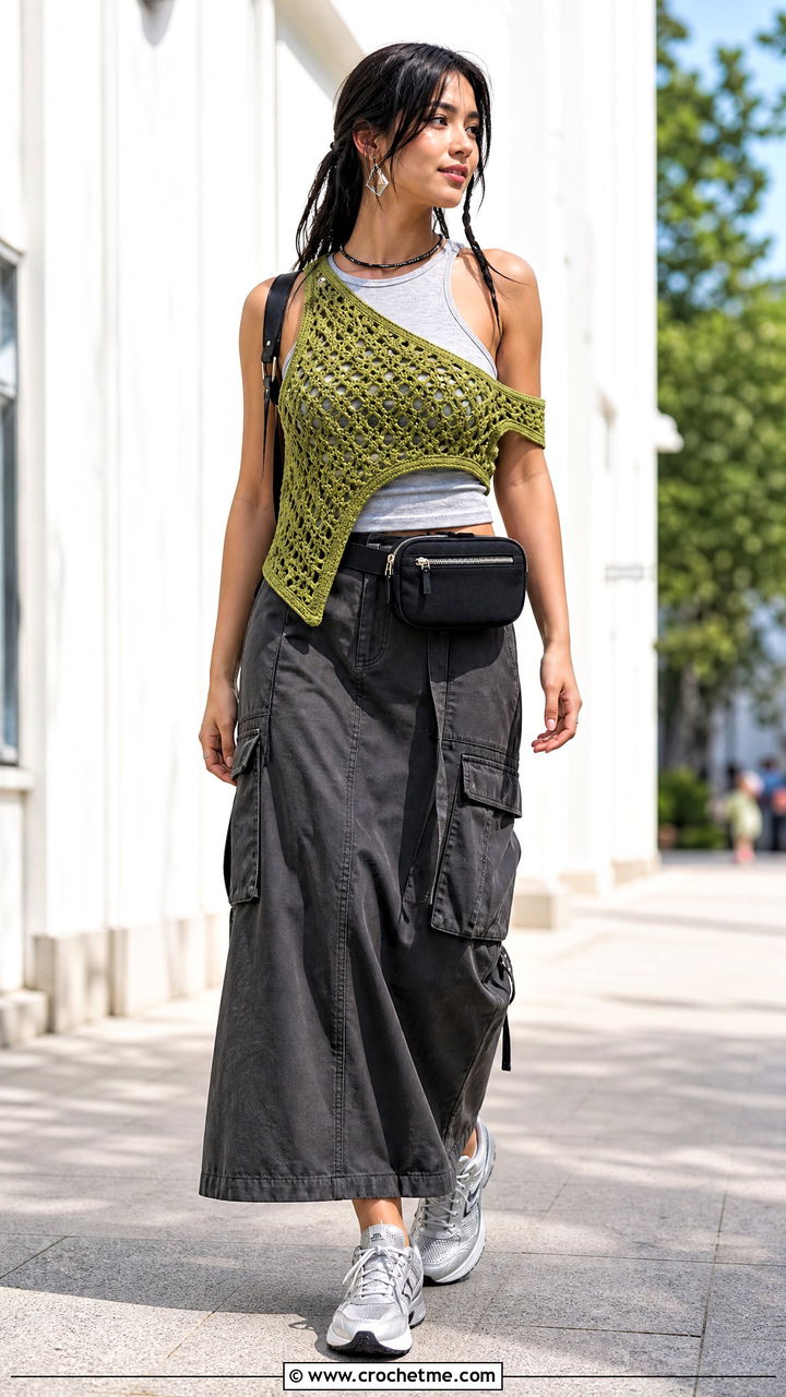 Asymmetrical Crochet Top With Cargo Maxi Skirt - 35 beginner crochet tops outfit ideas