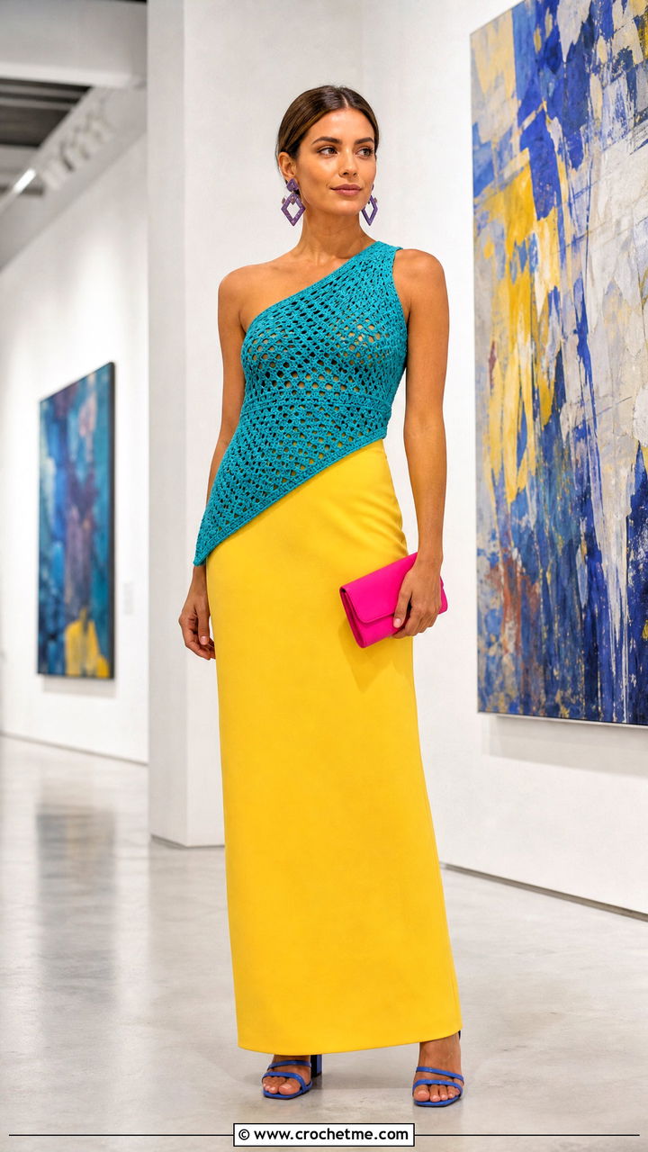 Asymmetrical Crochet Top With Column Maxi Skirt - 35 crochet ladies tops outfit ideas