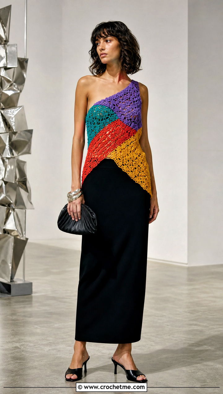 Asymmetrical Crochet Top With Column Skirt - 25 Crochet Spring Top outfit ideas