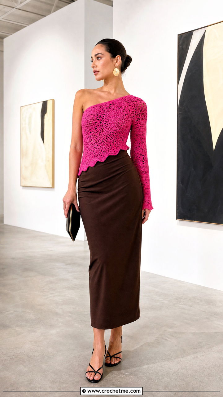 Asymmetrical Crochet Top With Column Skirt - 35 aesthetic crochet tops outfit ideas
