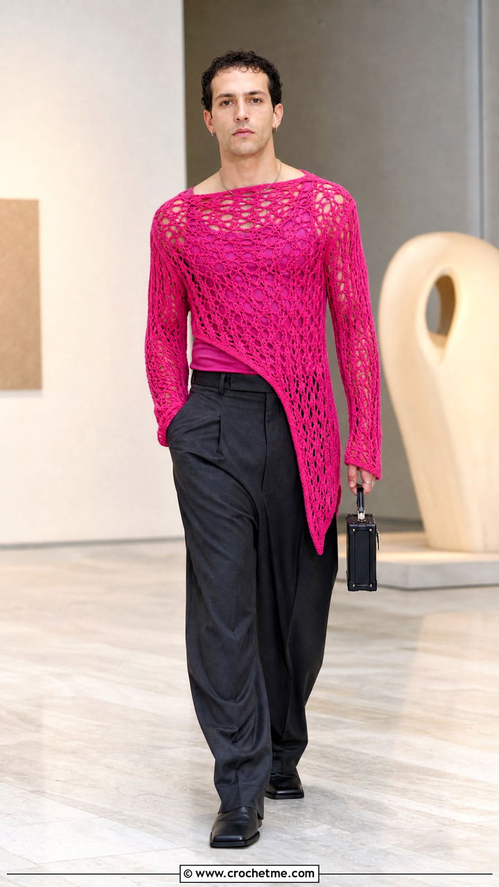 Asymmetrical Crochet Top With Draped Trousers - 35 crochet top for men outfit ideas