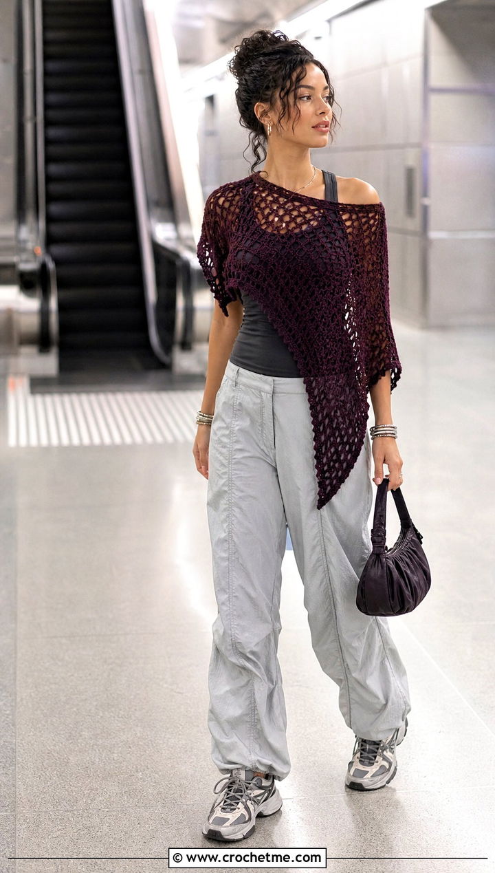 Asymmetrical Crochet Top With Parachute Pants - 35 Crochet Grunge Clothes and outfit ideas