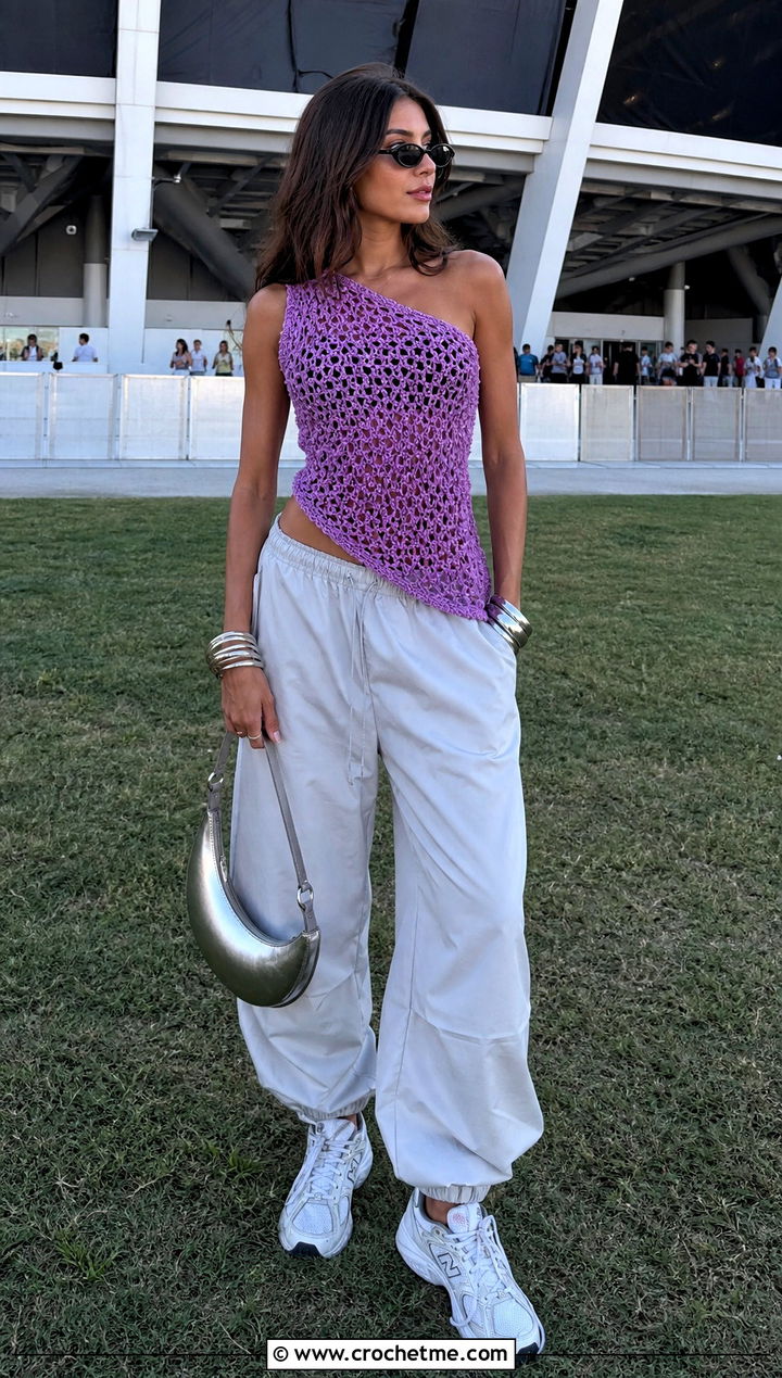 Asymmetrical Crochet Top With Parachute Pants - 15 crochet top on grass outfit ideas