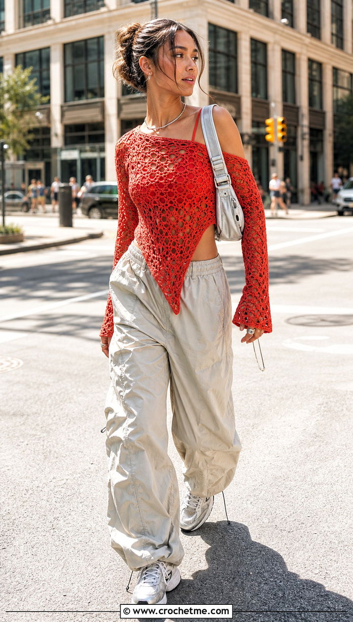 Asymmetrical Crochet Top With Parachute Pants - 20 Crochet Tops With Long Sleeves outfit ideas