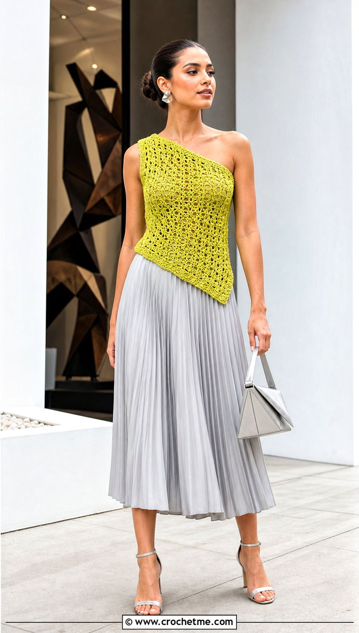 Asymmetrical Crochet Top With Pleated Midi Skirt - 35 crochet top for summer outfit ideas