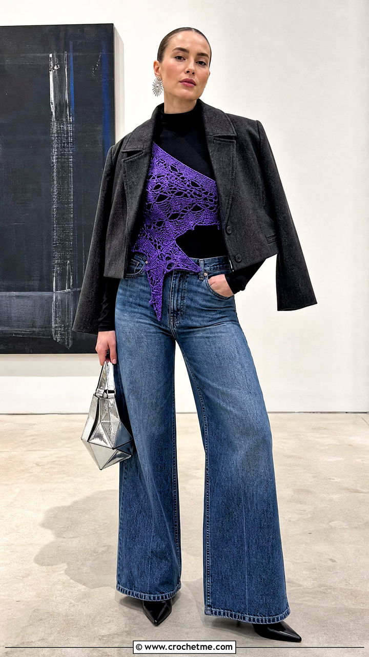 Asymmetrical Crochet Top With Wide Leg Jeans - 35 crochet fall top outfit ideas