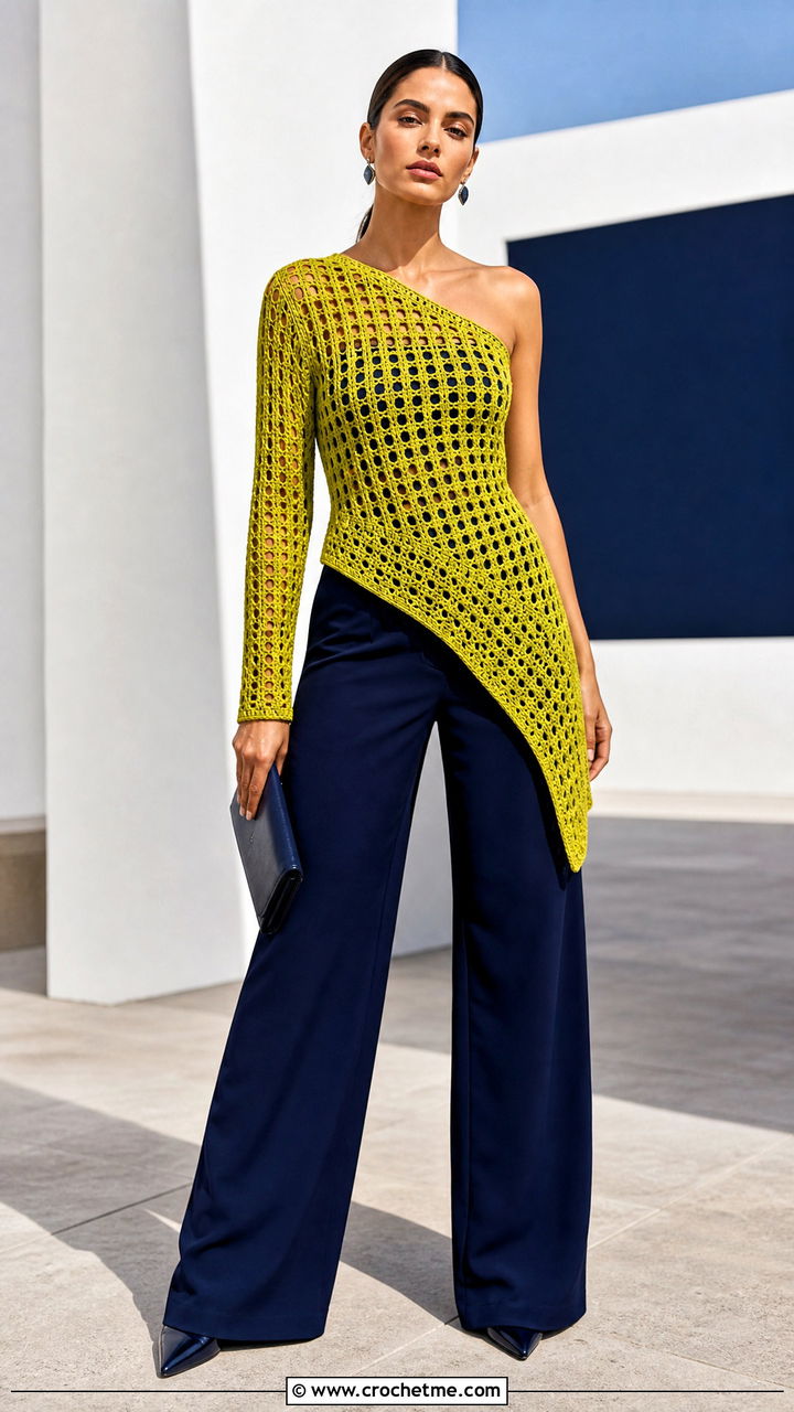 Asymmetrical Crochet Top With Wide Leg Trousers - 35 crochet tops for women outfit ideas