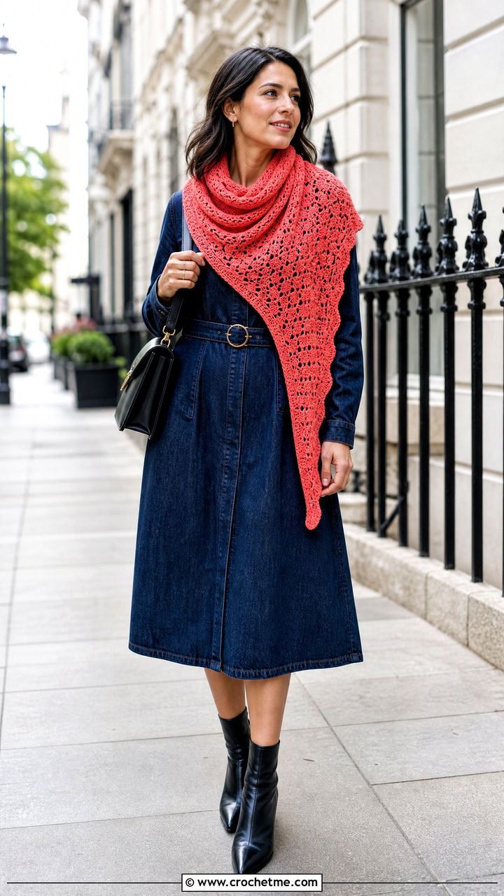 Asymmetrical Crochet Triangle Scarf With Denim Dress And Boots - 35 crochet triangle scarf outfit ideas