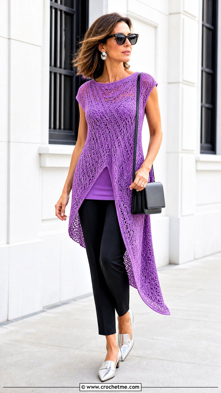 Asymmetrical Crochet Tunic With Cigarette Pants - 35 trendy crochet tops outfit ideas
