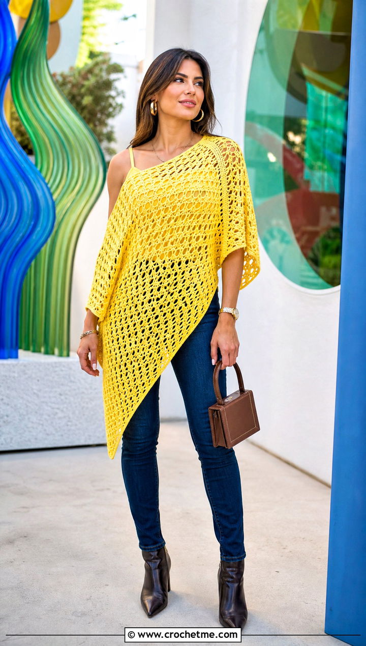 Asymmetrical Crochet Tunic With Slim Fit Jeans - 15 Crochet Tunics For Women outfit ideas