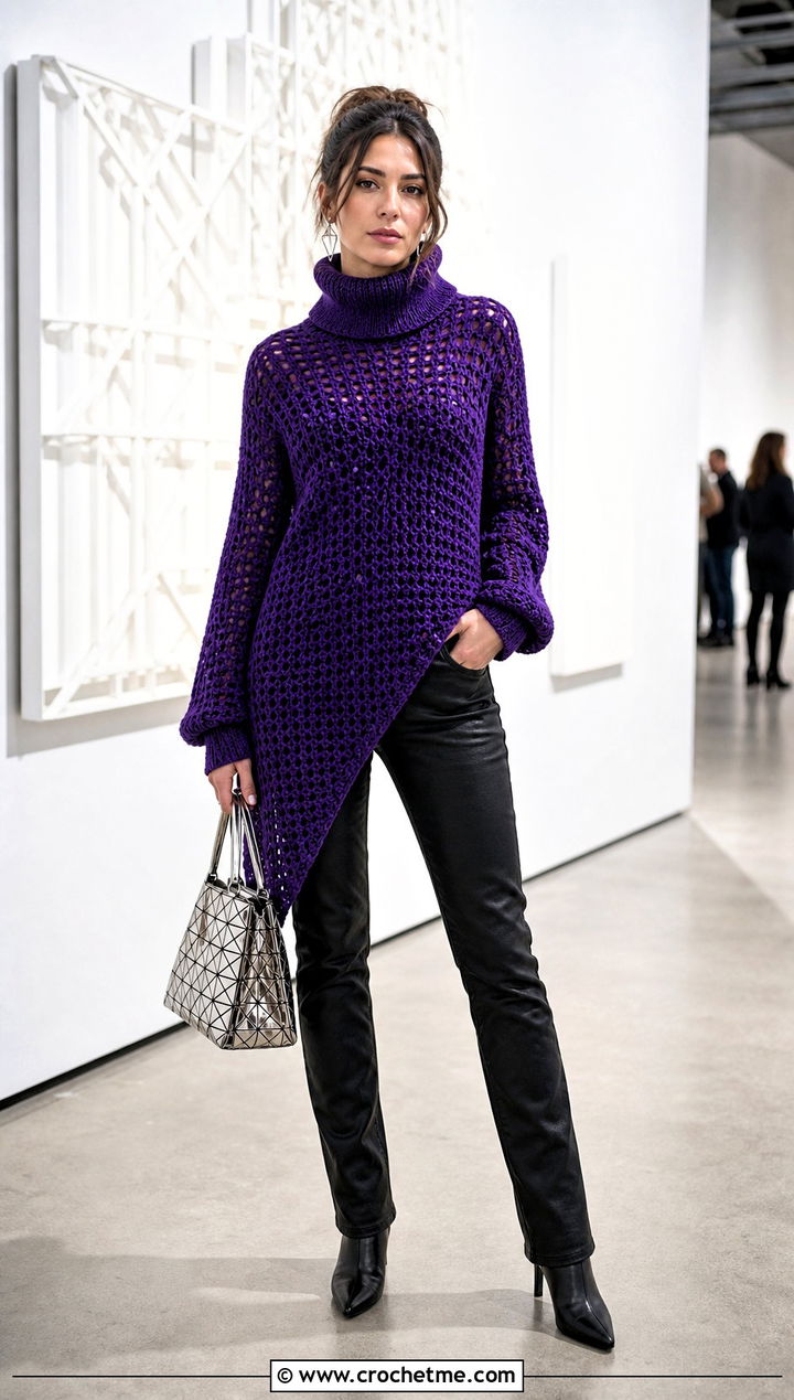 Asymmetrical Crochet Turtleneck Sweater With Coated Jeans - 30 crochet turtleneck sweater outfit ideas