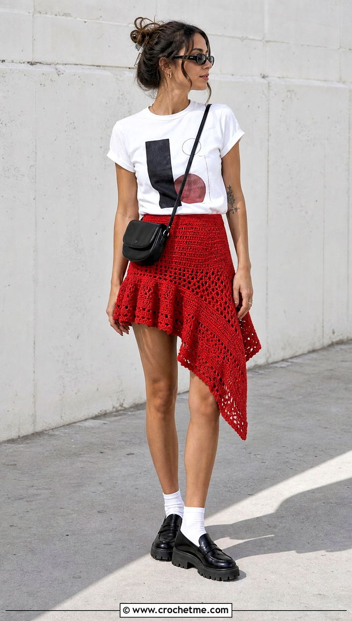 Asymmetrical Crochet Tutu Skirt With Graphic T Shirt - 20 Crochet Tutu Skirt outfit ideas
