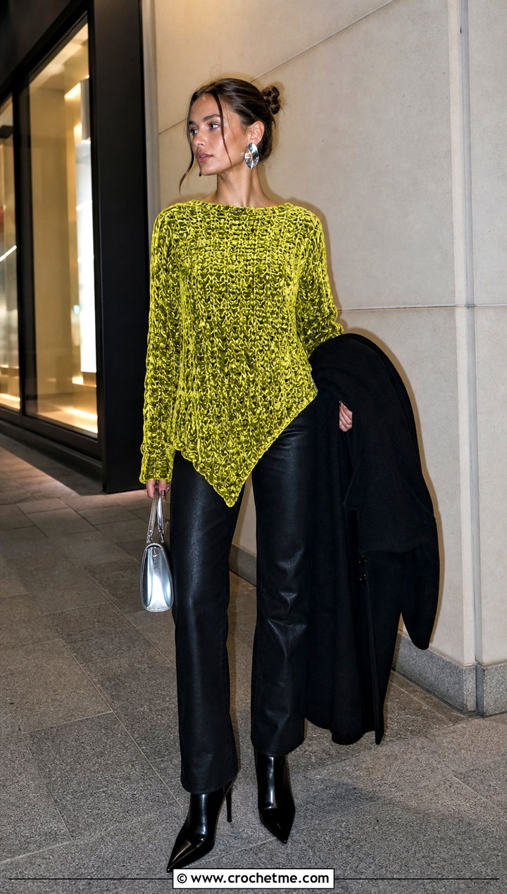 Asymmetrical Crochet Velvet Sweater With Coated Jeans - 20 Crochet Velvet Sweater outfit ideas