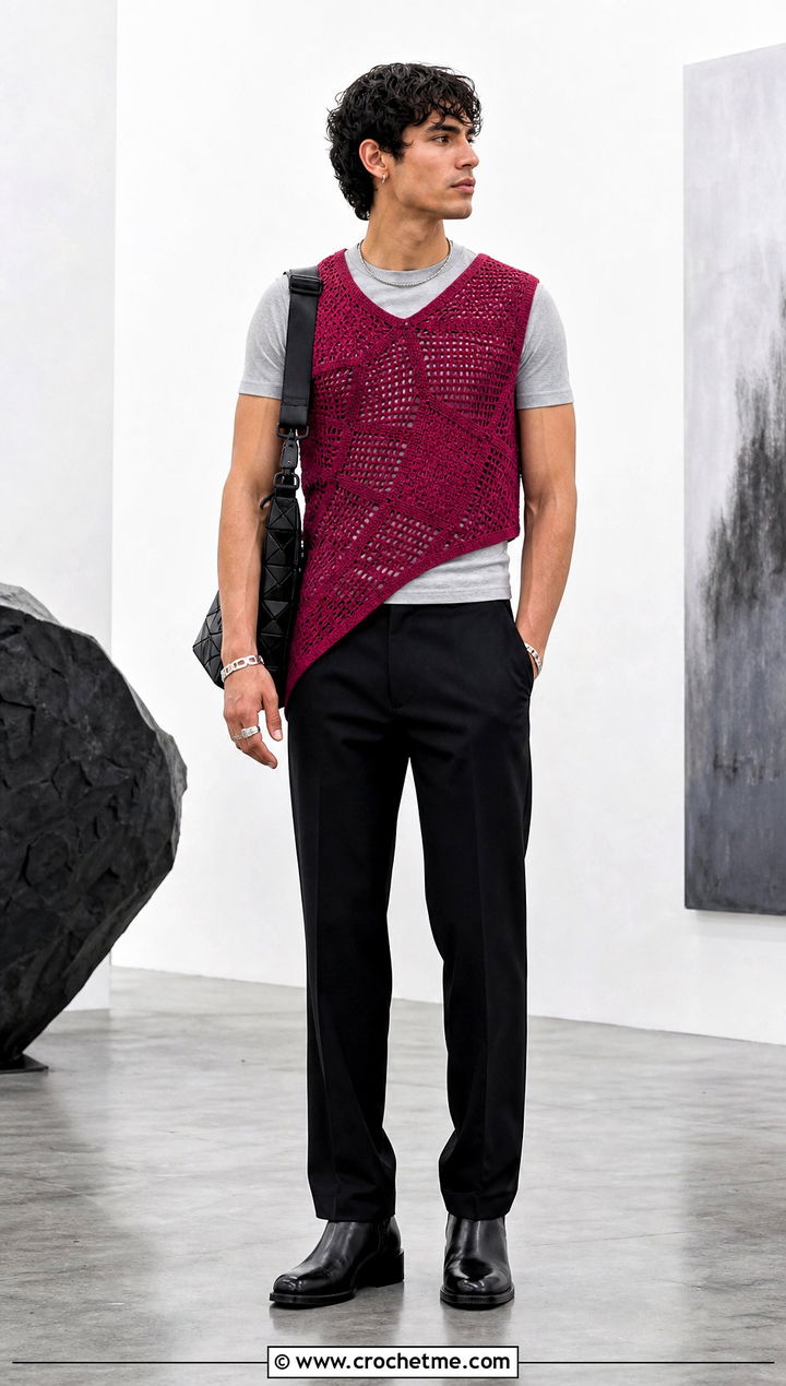 Asymmetrical Crochet Vest With Black Trousers - 30 men's crochet vest outfit ideas