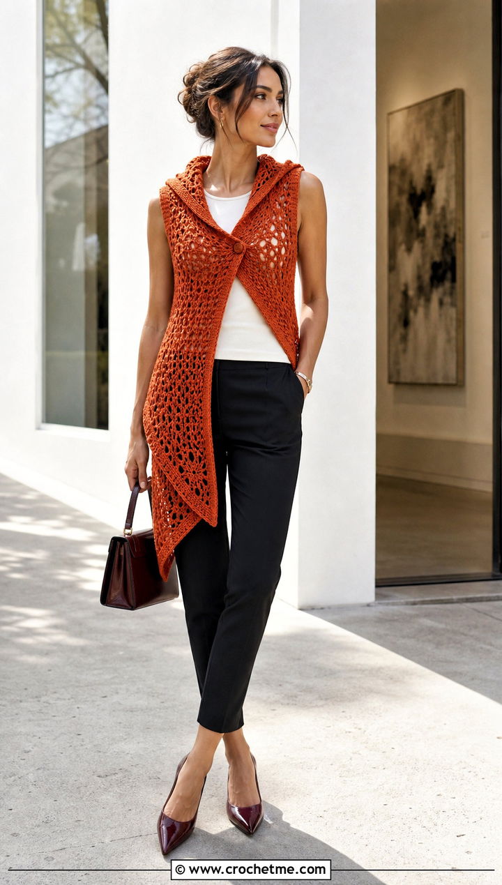 Asymmetrical Crochet Vest With Hood And Cigarette Pants - 30 crochet vest with hood outfit ideas