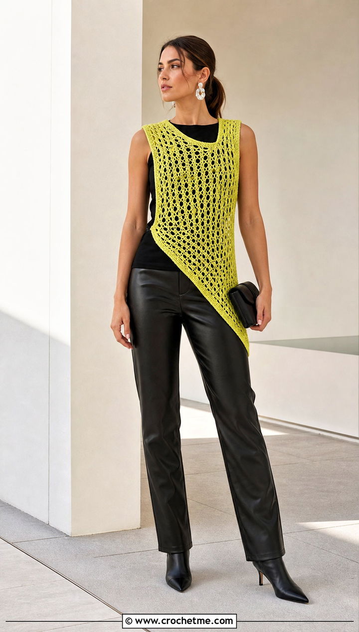 Asymmetrical Crochet Vest With Leather Pants - 35 crochet vest for women outfit ideas