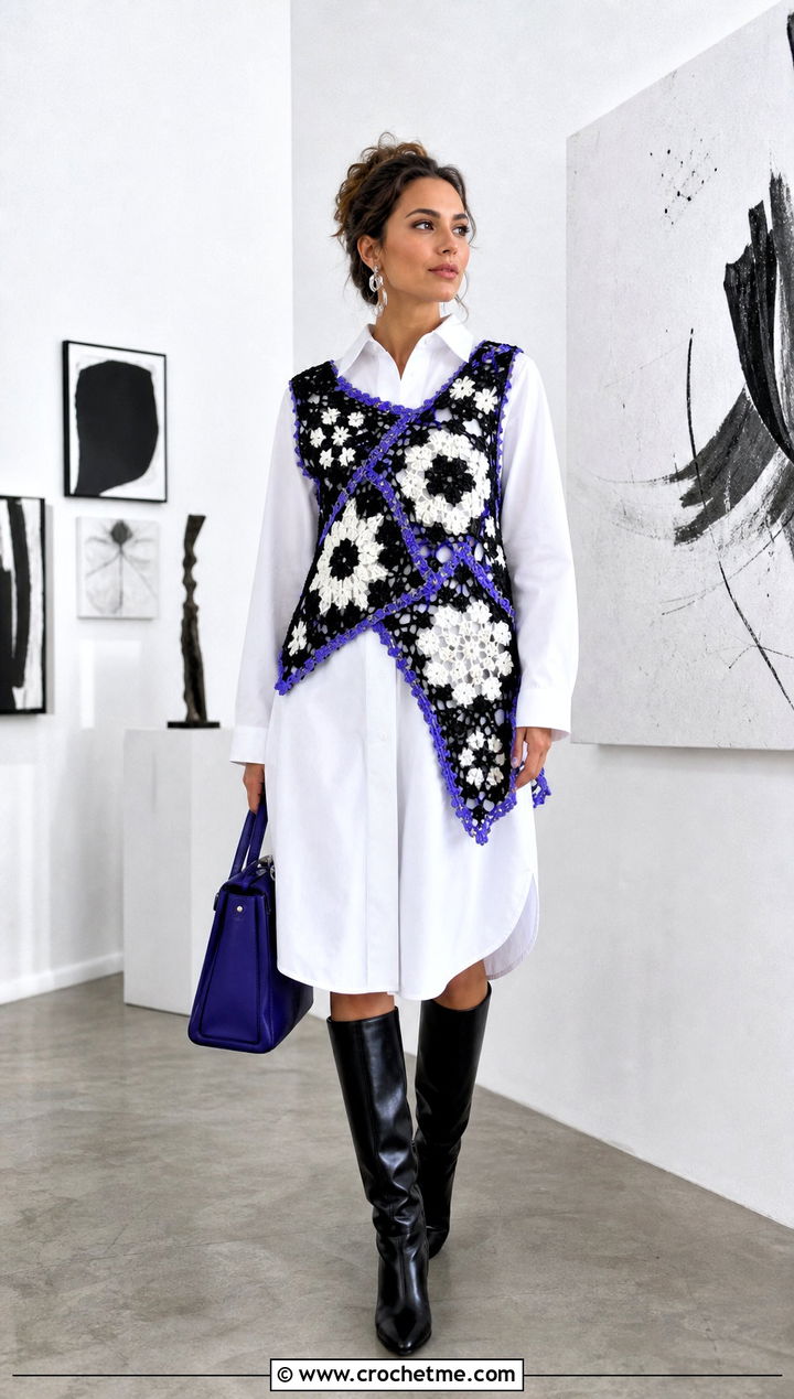 Asymmetrical Crochet Vest With White Shirt Dress - 30 black and white crochet vest outfit ideas