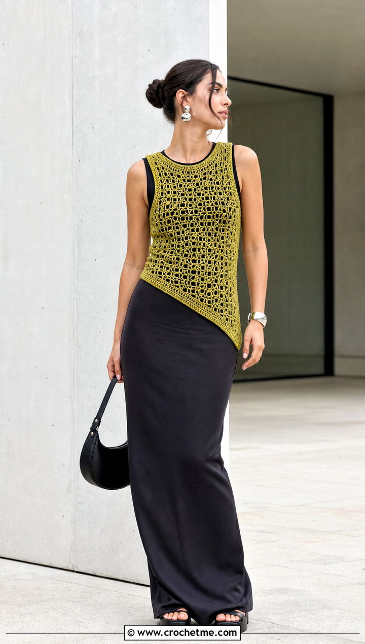 Asymmetrical Crochet Vest With a Maxi Skirt - 35 crochet vests outfit ideas