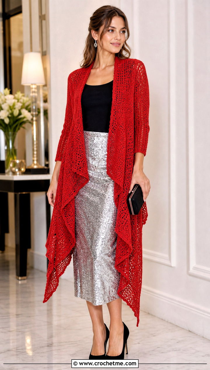 Asymmetrical Crochet Waterfall Cardigan With Sequin Skirt - 25 crochet waterfall cardigan outfit ideas