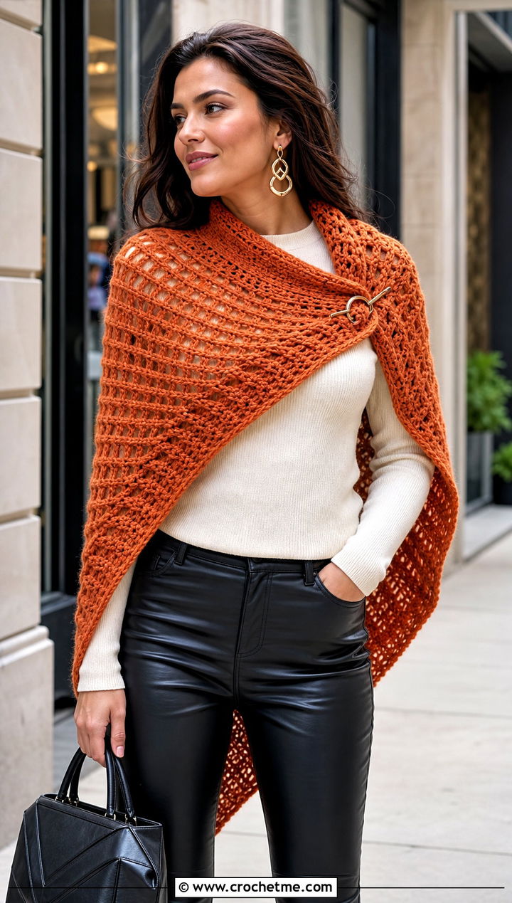 Asymmetrical Crochet Winter Shawl With Leather Pants - 15 Crochet Winter Shawl outfit ideas