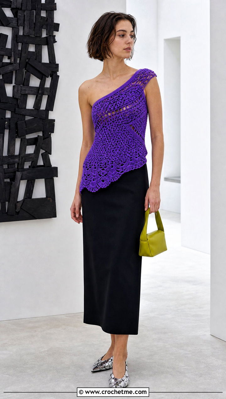 Asymmetrical Crochet Wool Top With Column Skirt - 35 crochet wool top outfit ideas