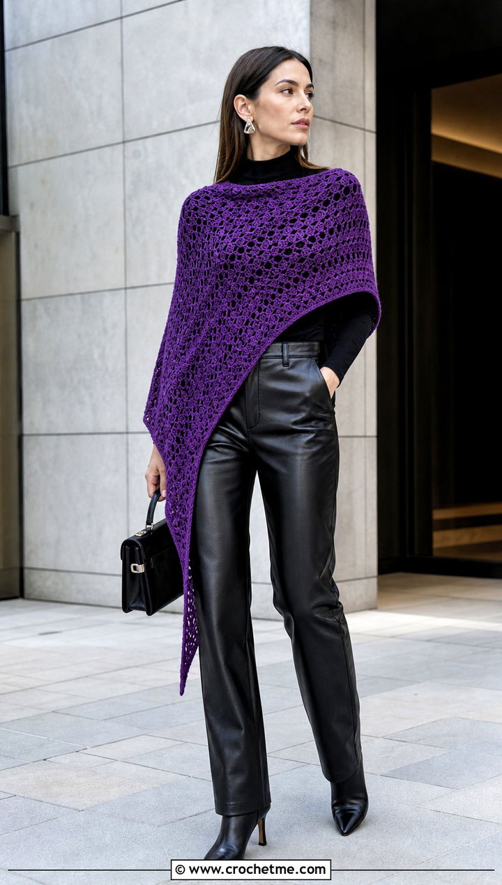 Asymmetrical Crochet Wrap Shawl With Leather Pants - 35 crochet wrap shawl outfit ideas