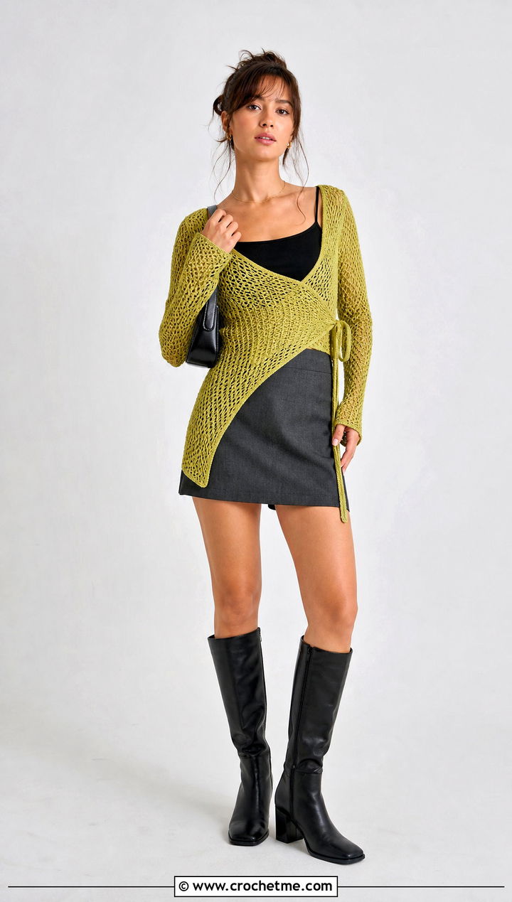 Asymmetrical Crochet Wrap Shirt With Mini Skirt - 30 crochet wrap shirt outfit ideas