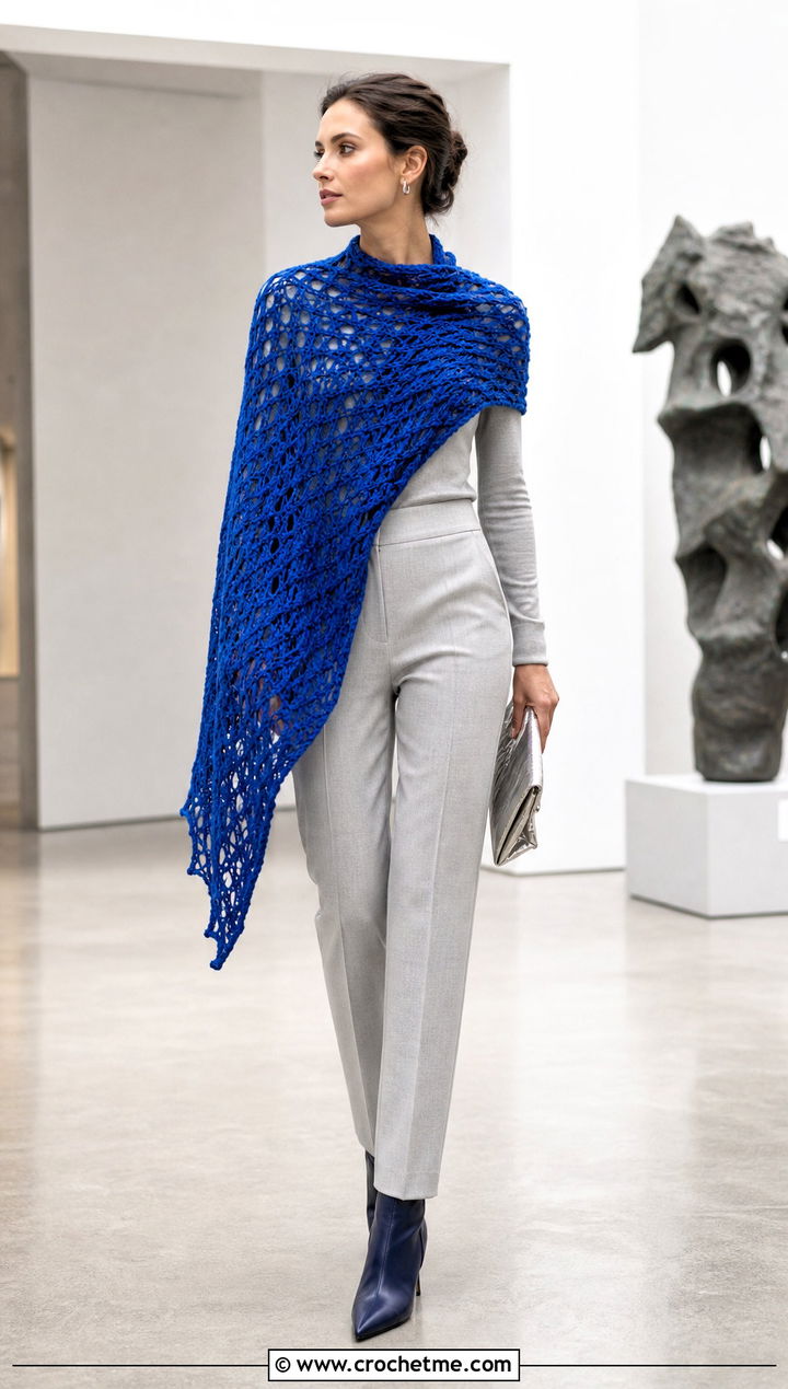 Asymmetrical Crochet Wrap Shrug With Monochrome Outfit - 35 Crochet Wrap Shrug outfit ideas