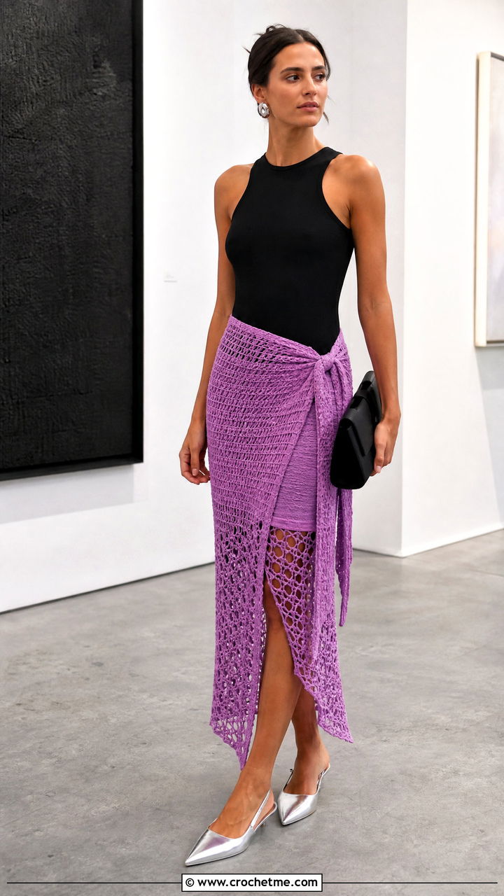 Asymmetrical Crochet Wrap Skirt With Bodysuit - 35 crochet wrap skirt outfit ideas