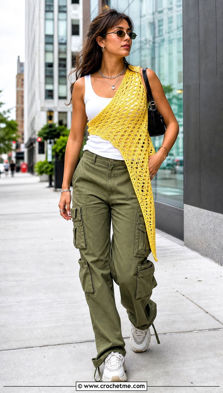 Asymmetrical Crochet Wrap With Cargo Pants - 15 Beginner Crochet Wrap outfit ideas