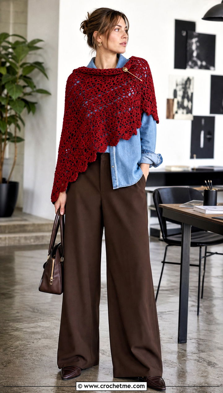 Asymmetrical Crochet Wrap With Denim Shirt And Wide Leg Pants - 25 Victorian Crochet Shawl outfit ideas