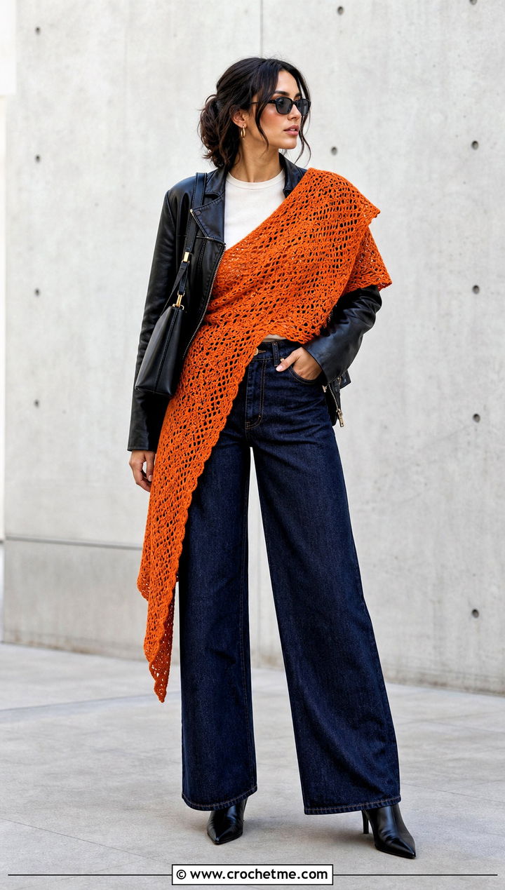 Asymmetrical Crochet Wrap With Leather Jacket And Wide Leg Jeans - 30 simple crochet shawls and wraps outfit ideas
