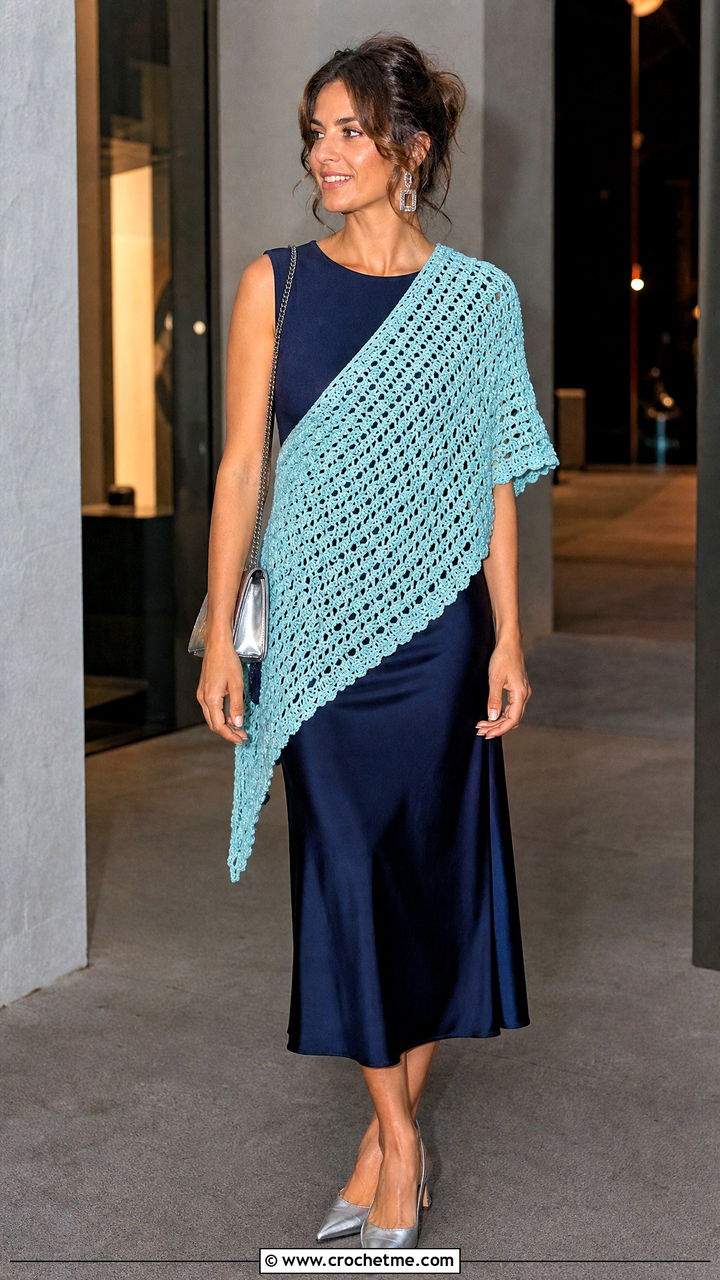 Asymmetrical Crochet Wrap With Satin Midi Skirt - 35 crochet wrap outfit ideas