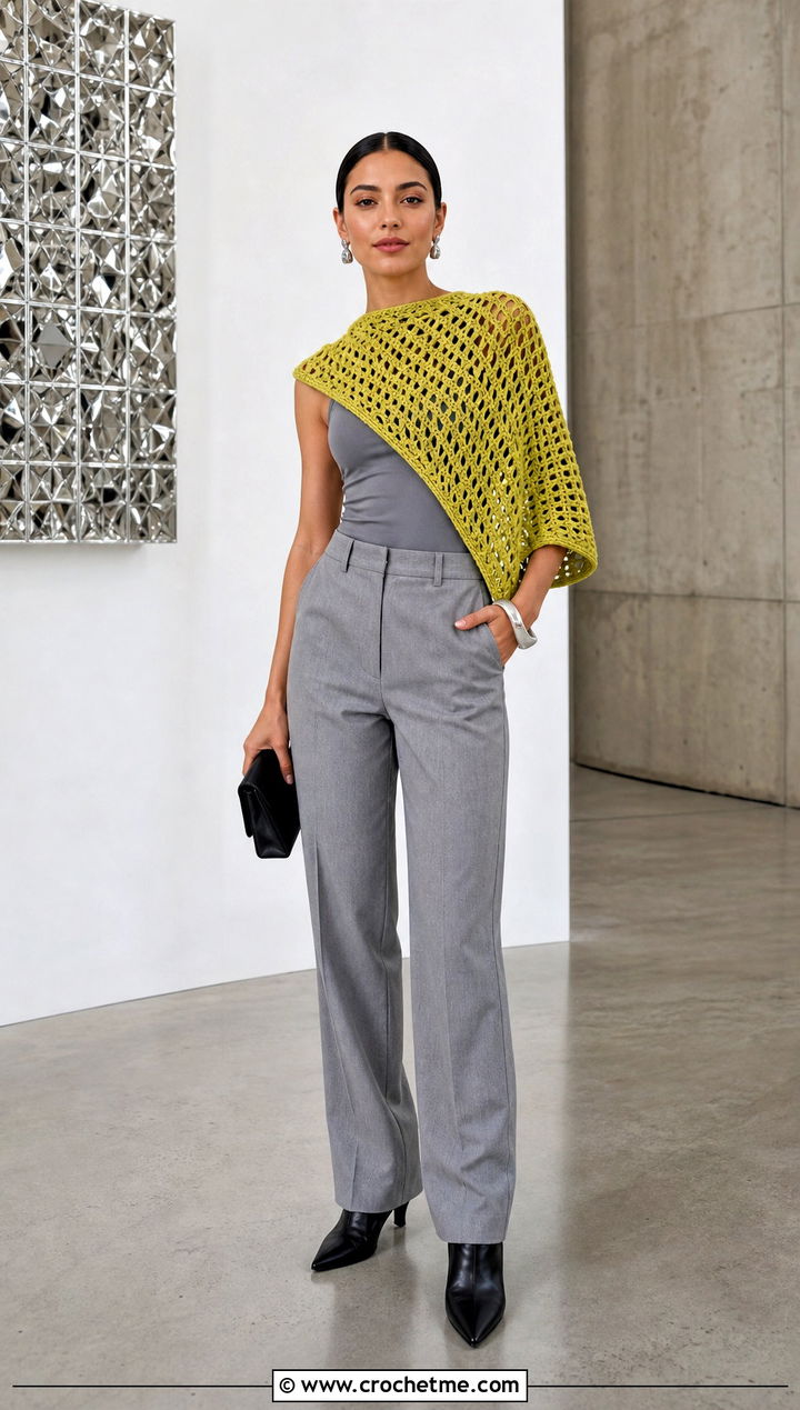 Asymmetrical Crocheted Capelet With Monochrome Separates - 25 Crocheted Capelet outfit ideas