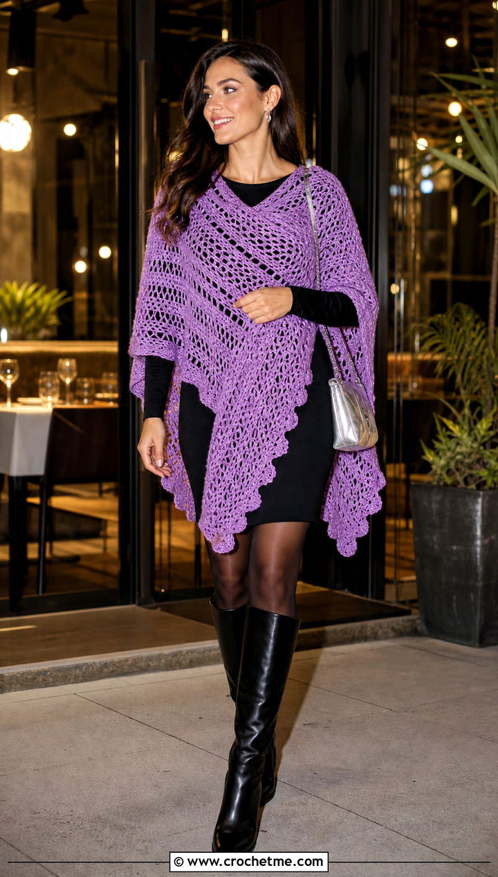Asymmetrical Crocheted Ruana With Mini Dress And Tall Boots - 20 Crocheted Ruana outfit ideas