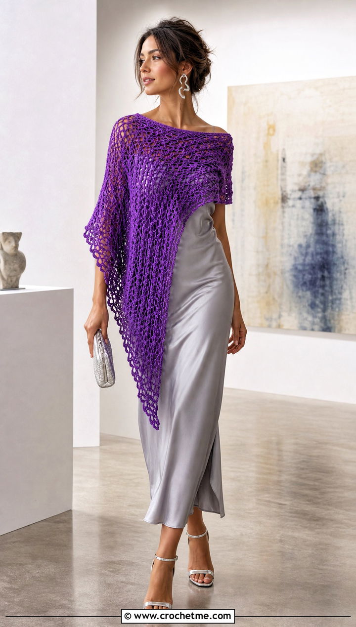 Asymmetrical Crocheted Shawl With A Satin Slip Dress - 20 Crocheted Shawl outfit ideas