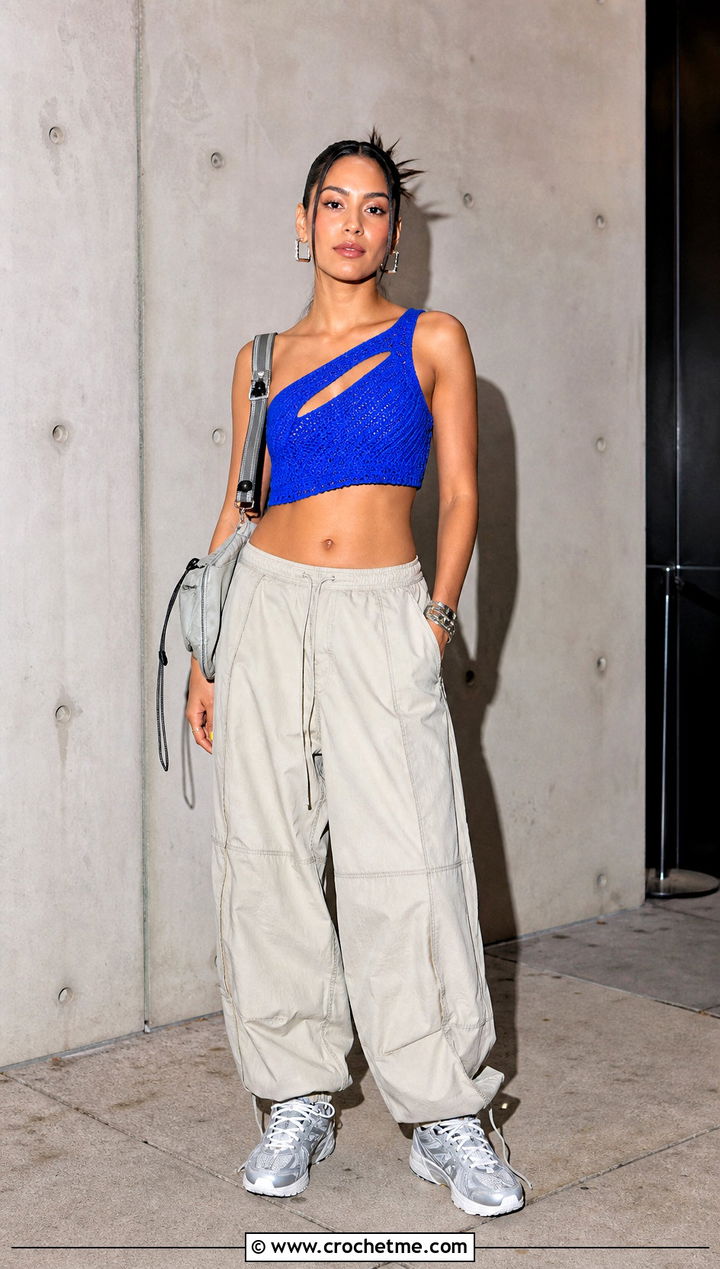 Asymmetrical Crop Crochet Top With Parachute Pants - 35 crop crochet top outfit ideas
