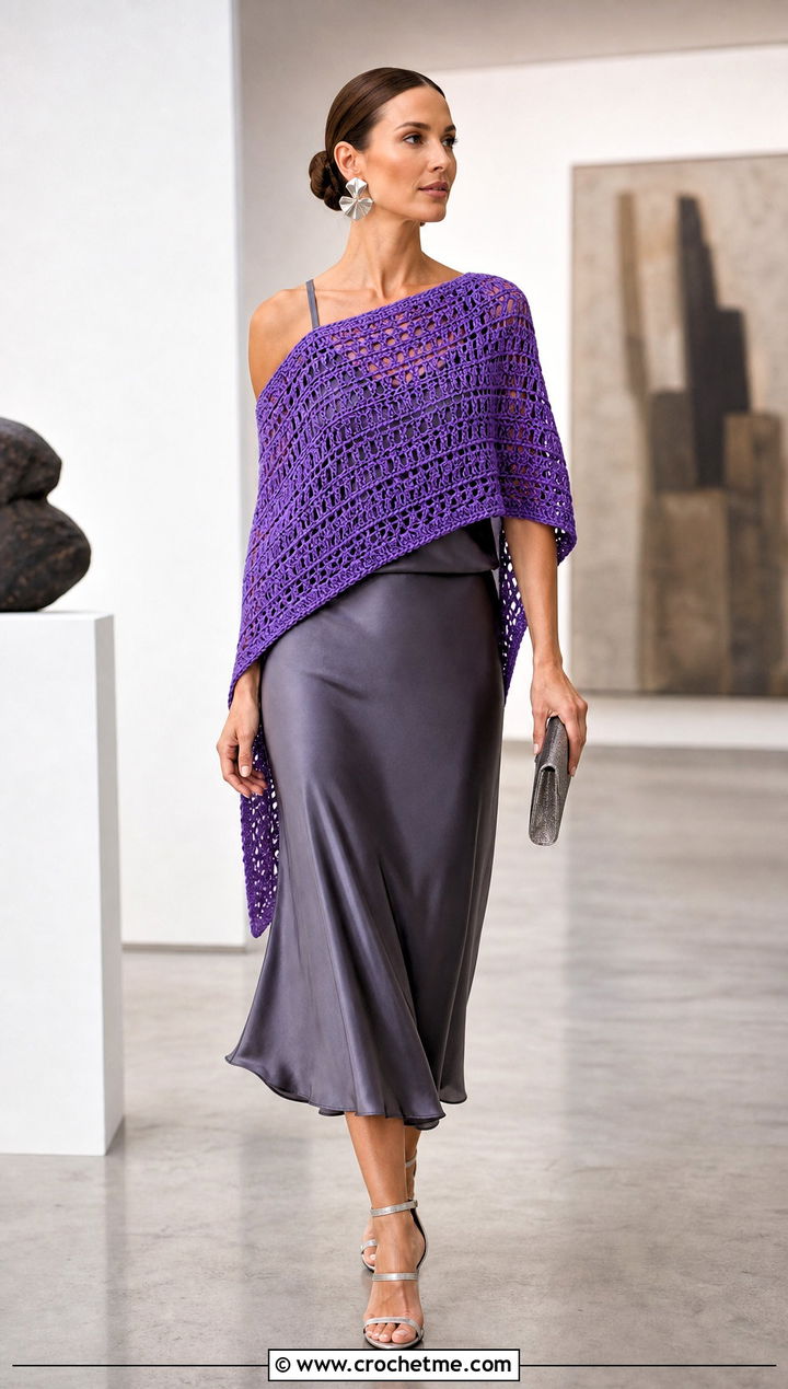 Asymmetrical Cropped Crochet Poncho With Satin Midi Skirt - 20 Cropped Crochet Poncho outfit ideas