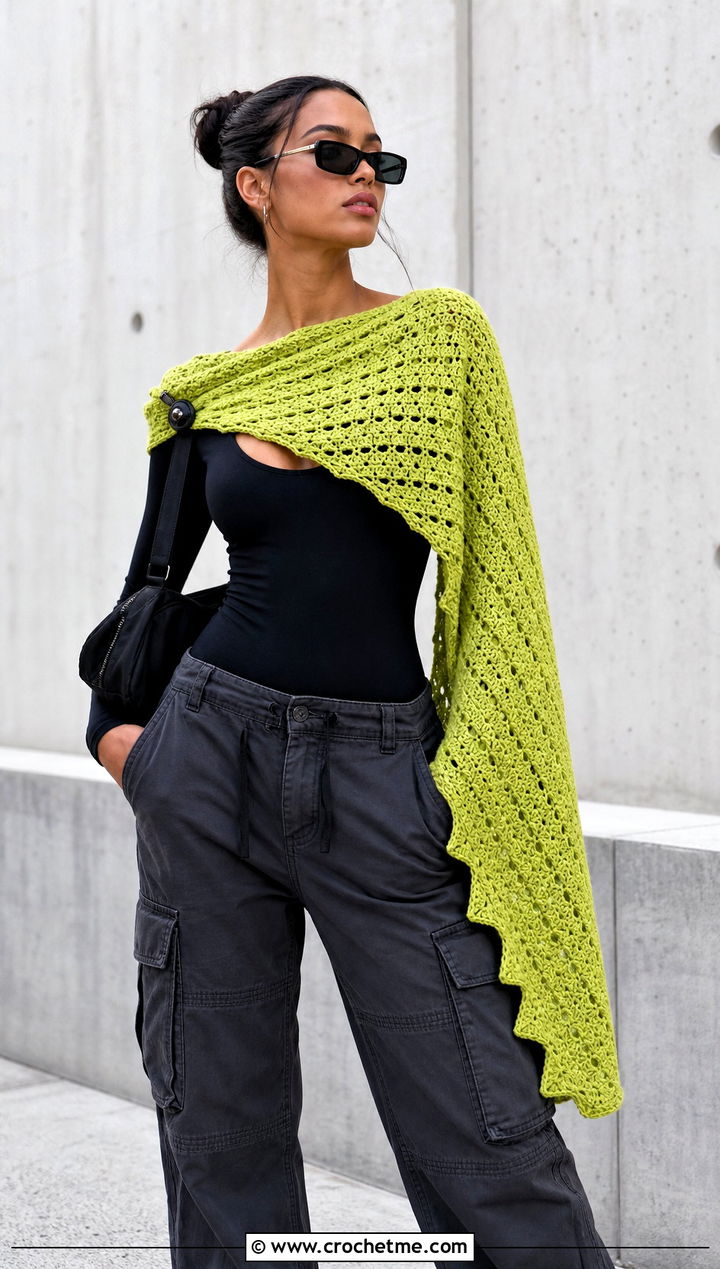 Asymmetrical DK Yarn Crochet Shawl With Cargo Pants - 25 Crochet Shawl Dk Yarn outfit ideas