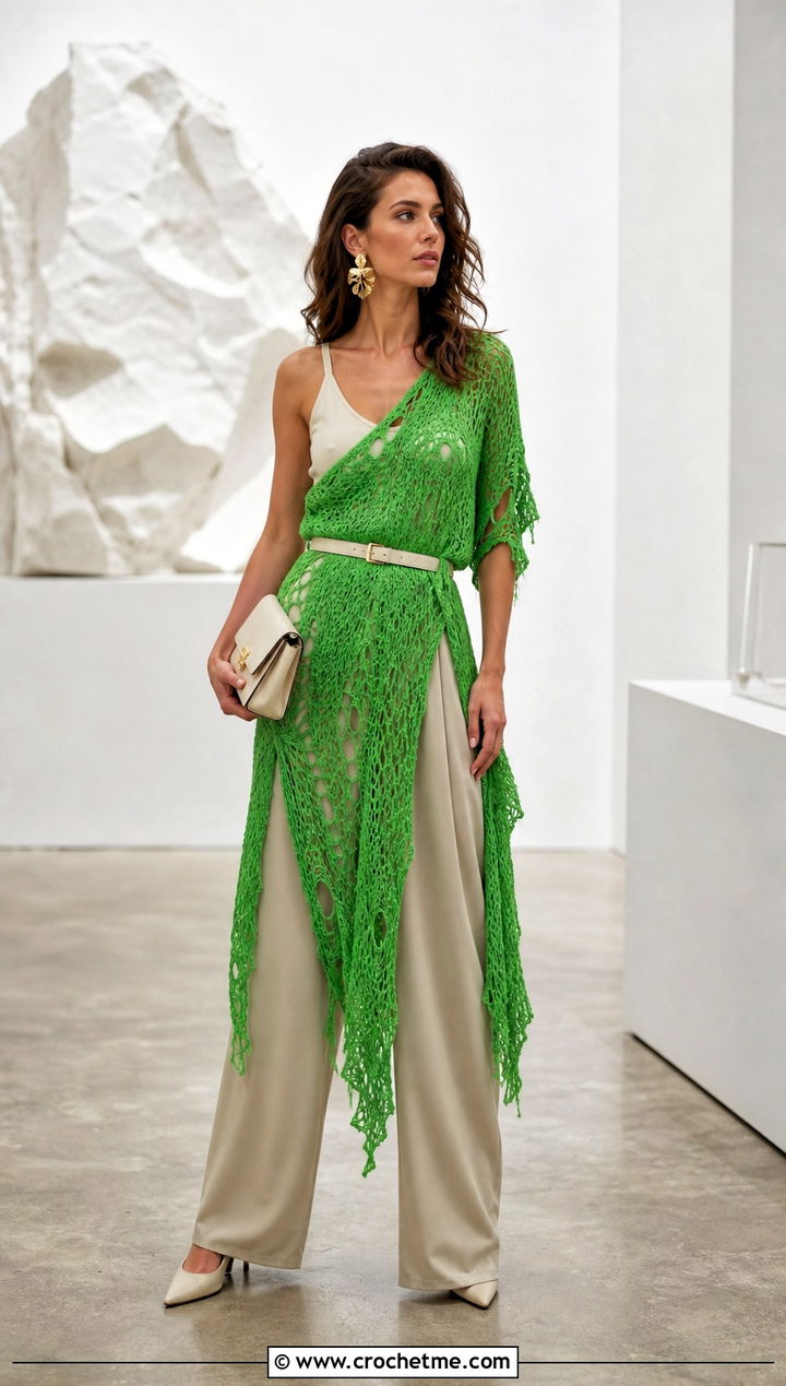 Asymmetrical Distressed Crochet Dress With Wide Leg Trousers - 25 Distressed Crochet Dress outfit ideas