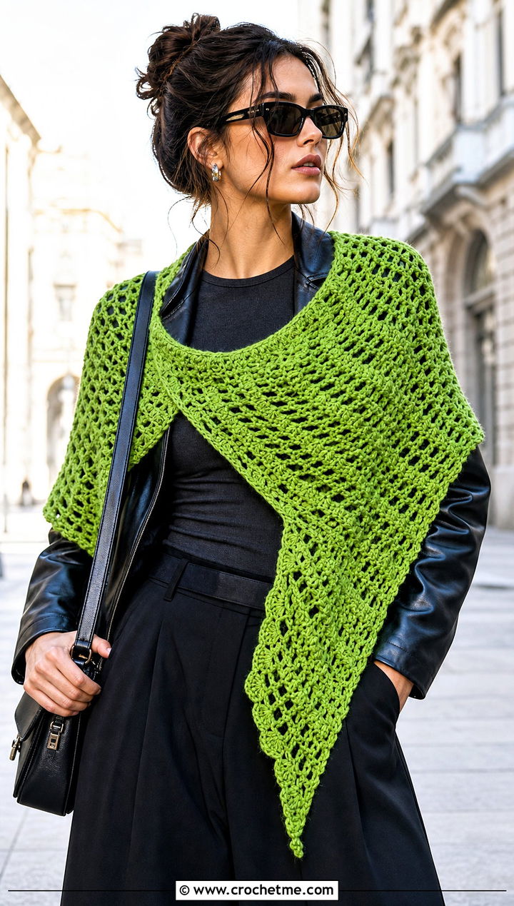Asymmetrical Double Crochet Shawl With Leather Jacket - 20 Double Crochet Shawl outfit ideas