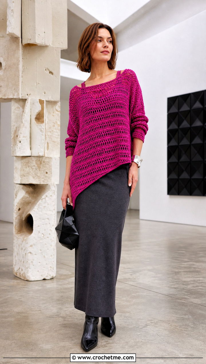 Asymmetrical Double Crochet Sweater With Column Skirt - 35 double crochet sweater outfit ideas