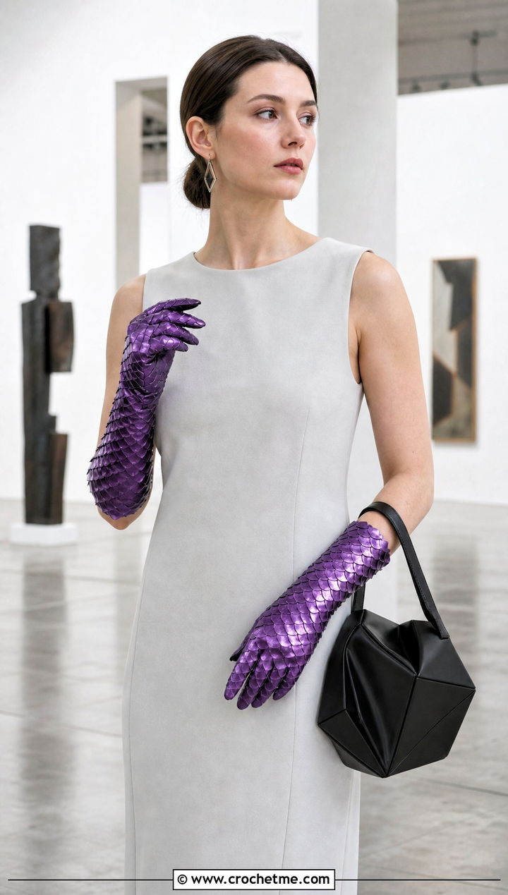 Asymmetrical Dragon Scale Gloves With Minimalist Dress - 30 dragon scale crochet gloves outfit ideas
