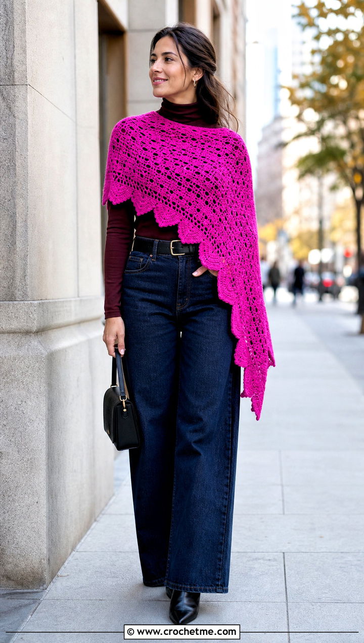 Asymmetrical Fall River Crochet Shawl With Wide Leg Jeans - 25 Fall River Crochet Shawl outfit ideas