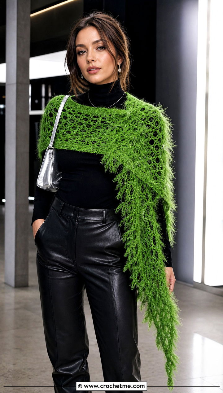 Asymmetrical Feather Crochet Shawl With Leather Pants - 30 crochet feather shawl outfit ideas