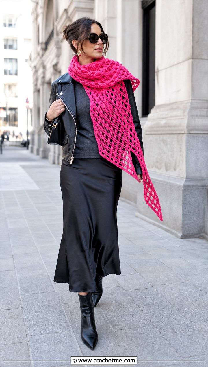Asymmetrical Filet Crochet Scarf With A Moto Jacket And Slip Skirt - 35 filet crochet scarf outfit ideas