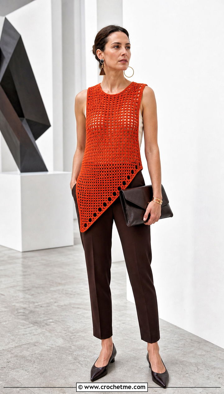Asymmetrical Filet Crochet Vest With Slim Trousers - 35 filet crochet vest outfit ideas